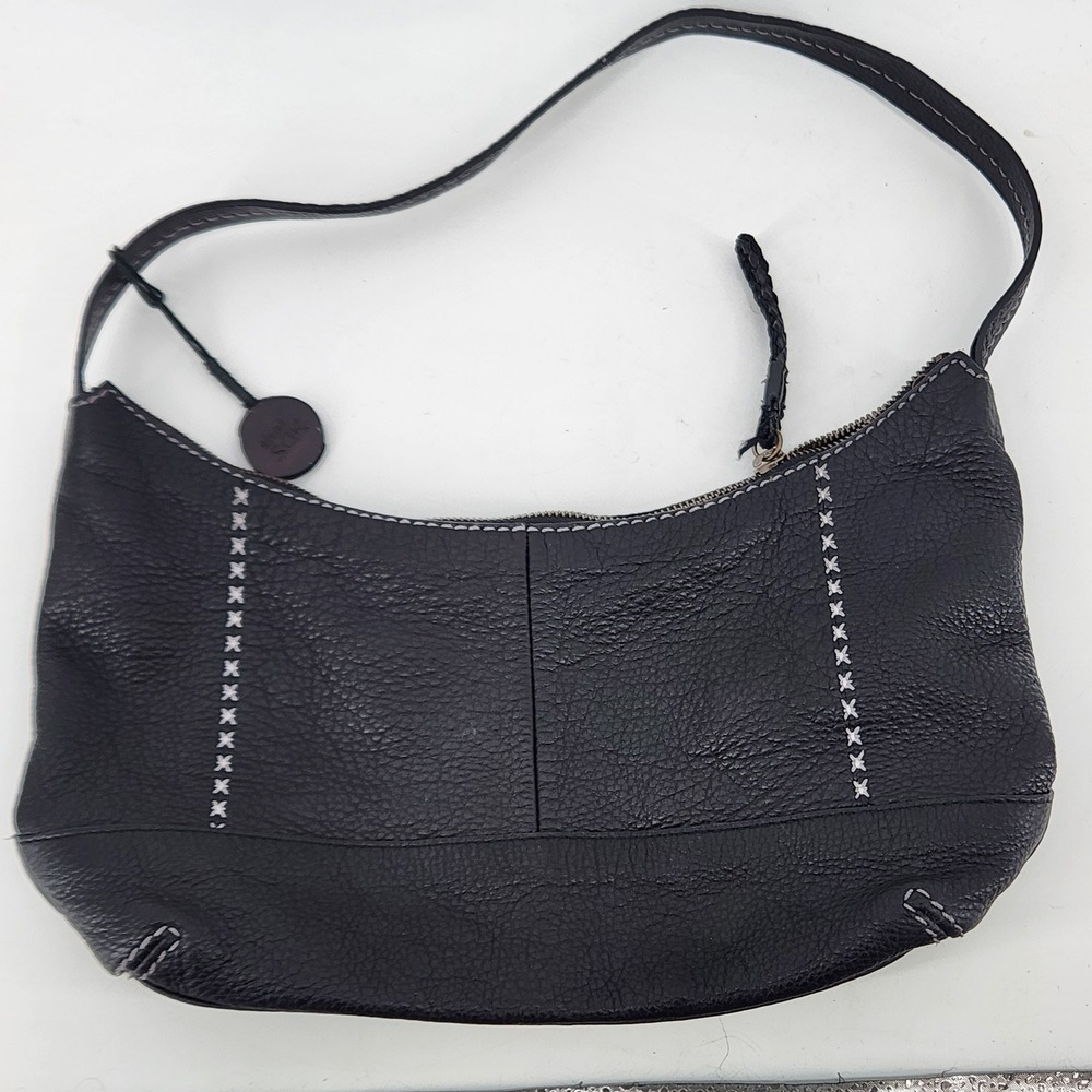 The Sak Pebbled Leather Shoulder Bag Black Contrast Stitch Hobo Purse 14 Inch‎
